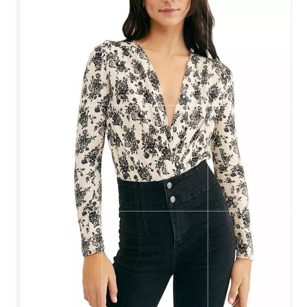 Intimately Free People Bodysuit Faux Wrap Black Cream Long Sleeve S Small